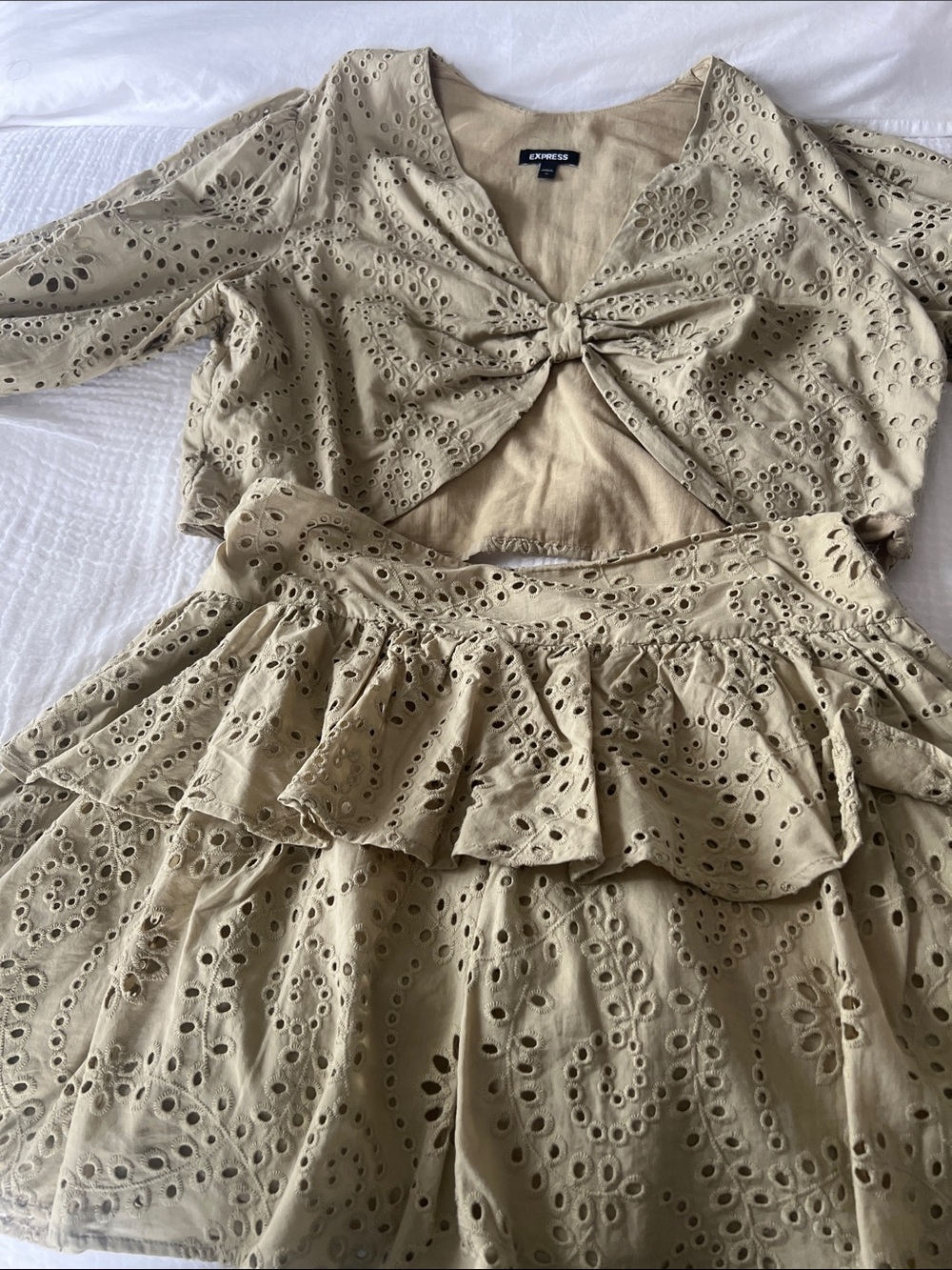 Express Girls Tan Eyelet Tie-Front Top & Ruffled Skirt Set